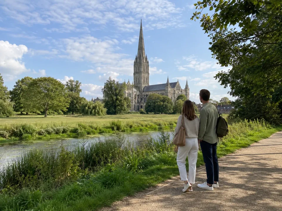 Travelling couple walking beside the water with Salisbury Cathedral spire beyond