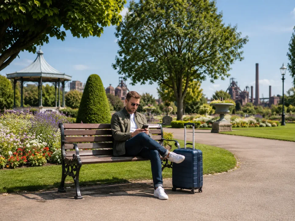 Business traveller with a suitcase in the flower gardens of Central Park, Scunthorpe