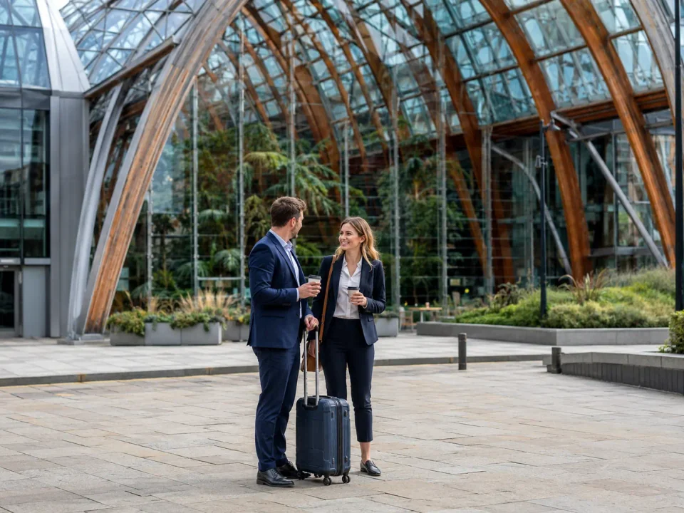 Business travellers with luggage outside the glass Winter Garden in Sheffield