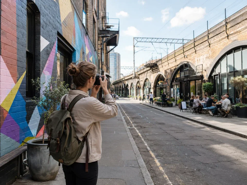 Visitor photographing street art beside the railway arches in Shoreditch