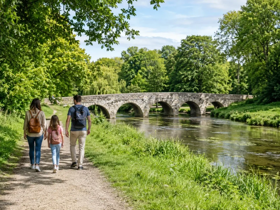 Family visitors walking beside the River Cray and stone bridge near Sidcup