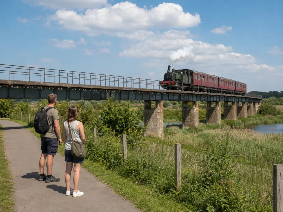 Visitors watching a heritage train cross the countryside near Sittingbourne