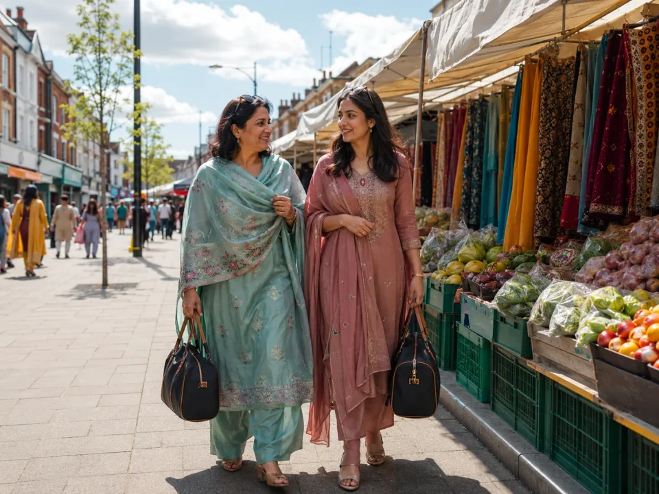 Women travellers walking through the colourful market streets of Southall