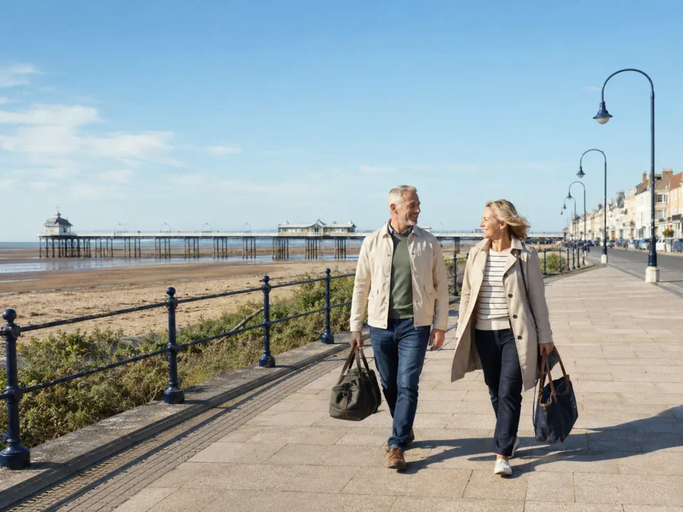Older visitors walking beside Southport beach and the long pier
