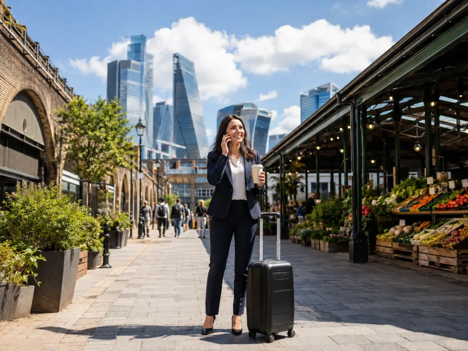 Business traveller with luggage beside Borough Market and the Southwark skyline