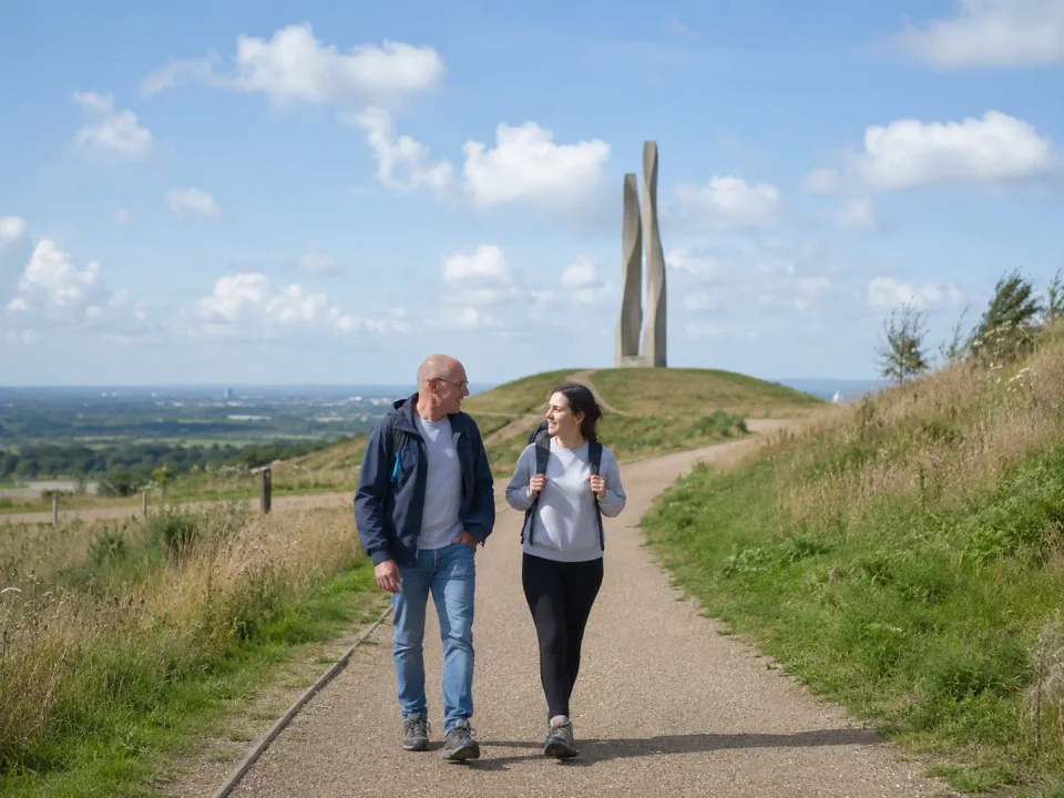 Travellers walking through the landscape below the Dream sculpture in St Helens