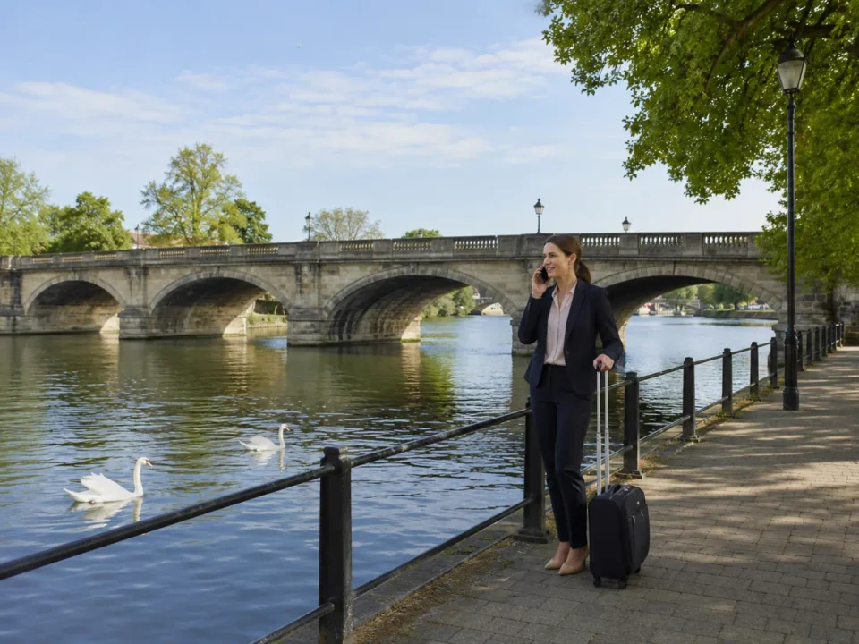 Business traveller with luggage beside the Thames and bridge at Staines