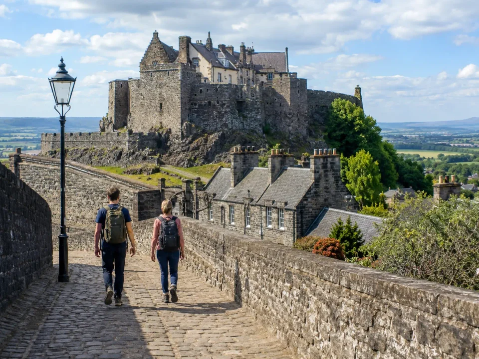 Visitors walking along the stone approach below Stirling Castle