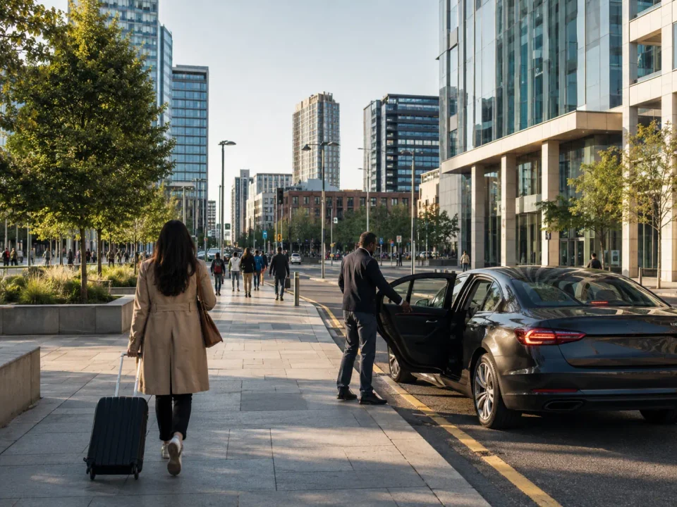 Airport transfer vehicle waiting at the kerb near Stratford station