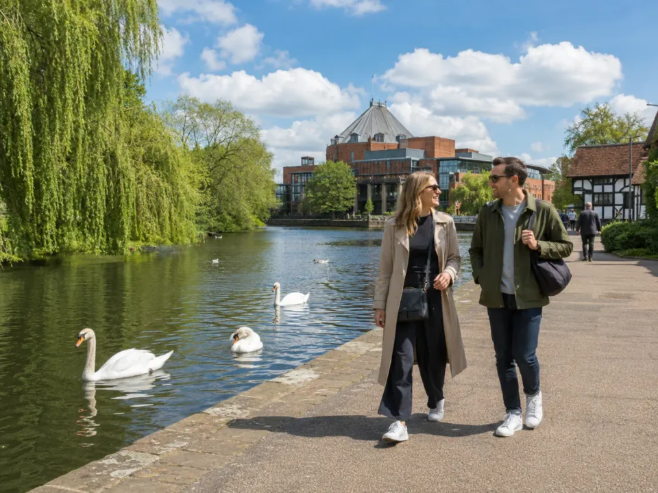 Friends walking beside the River Avon and theatre in Stratford-upon-Avon
