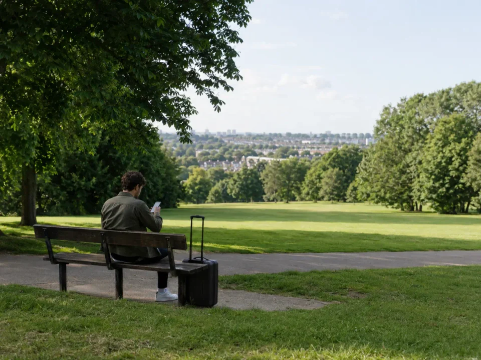 Solo traveller resting in a leafy Streatham park overlooking south London