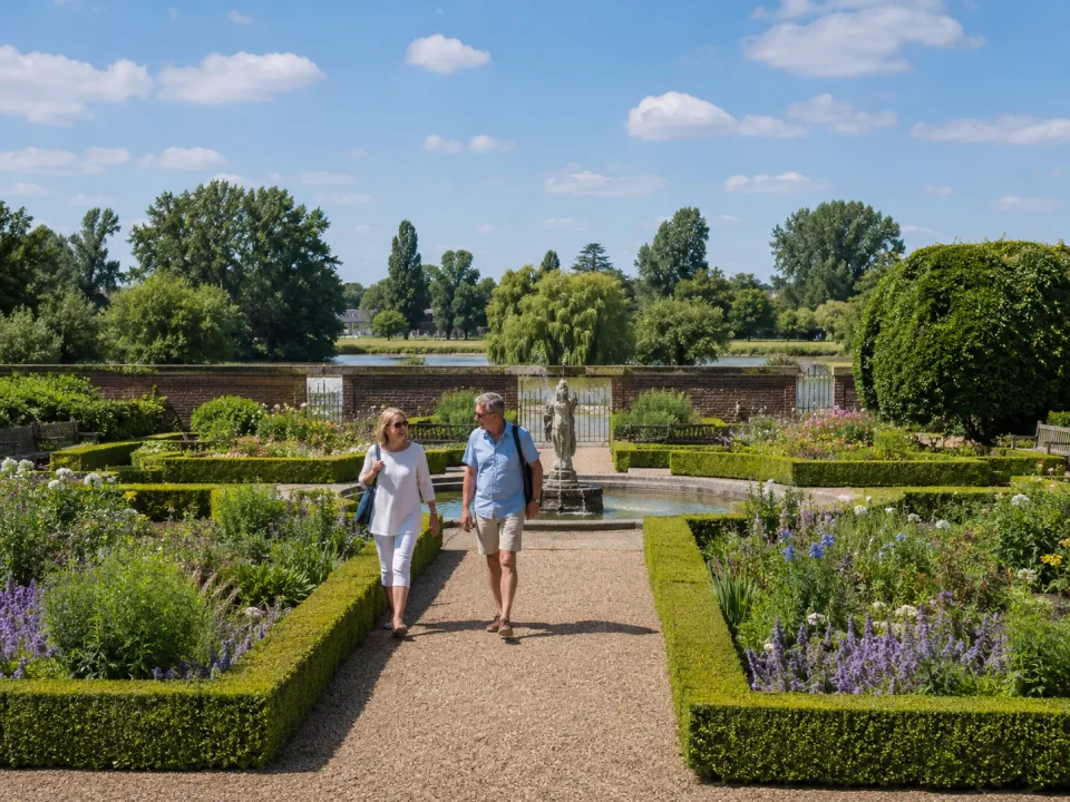 Visitors walking through the formal gardens at Sunbury-on-Thames