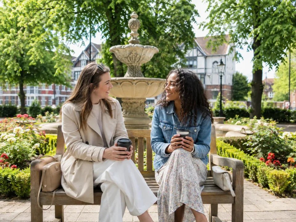 Friends having coffee beside the fountain and gardens in Sutton