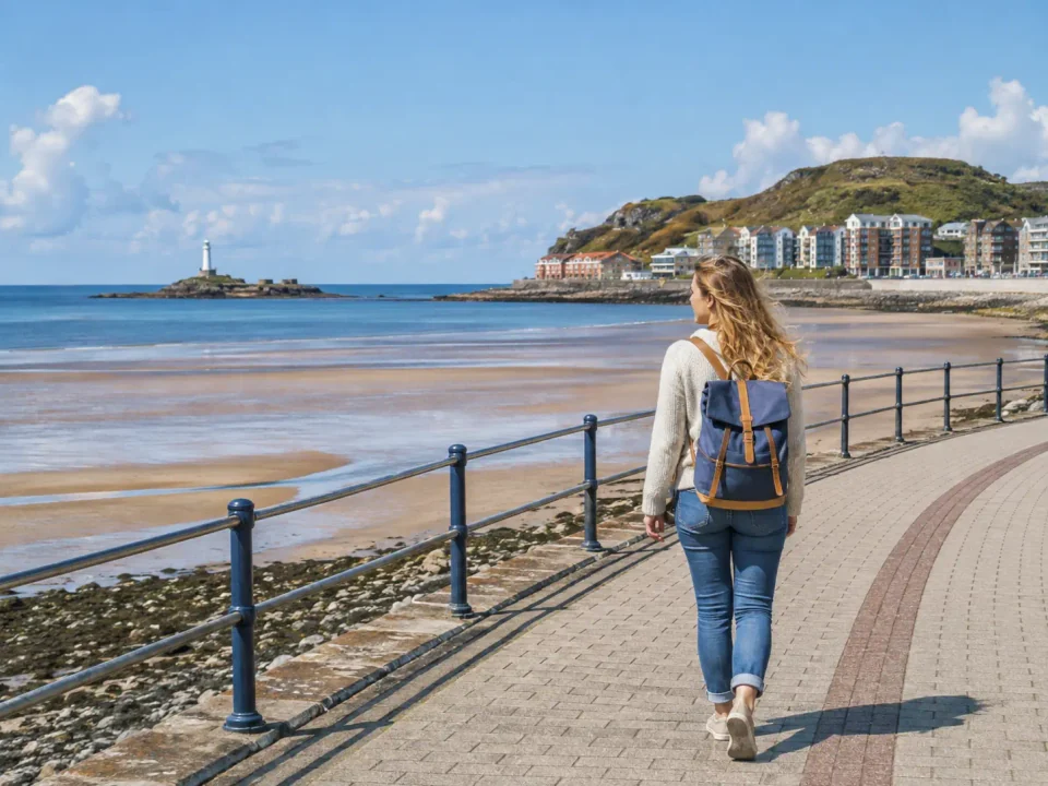Solo traveller walking beside Swansea Bay with Mumbles lighthouse beyond