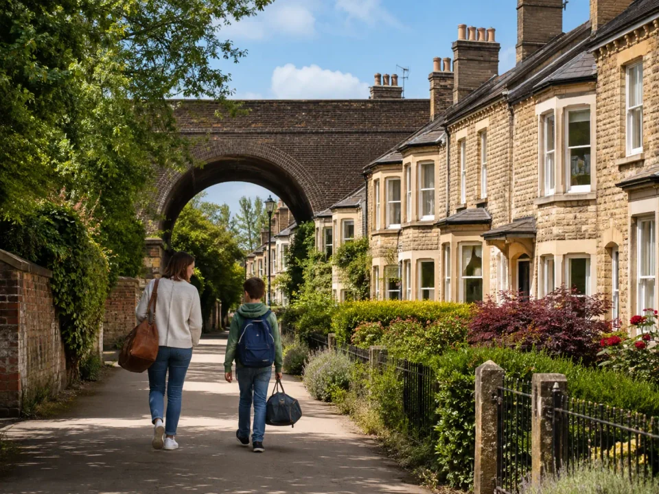 Parent and child walking beneath a railway arch in Swindon Railway Village