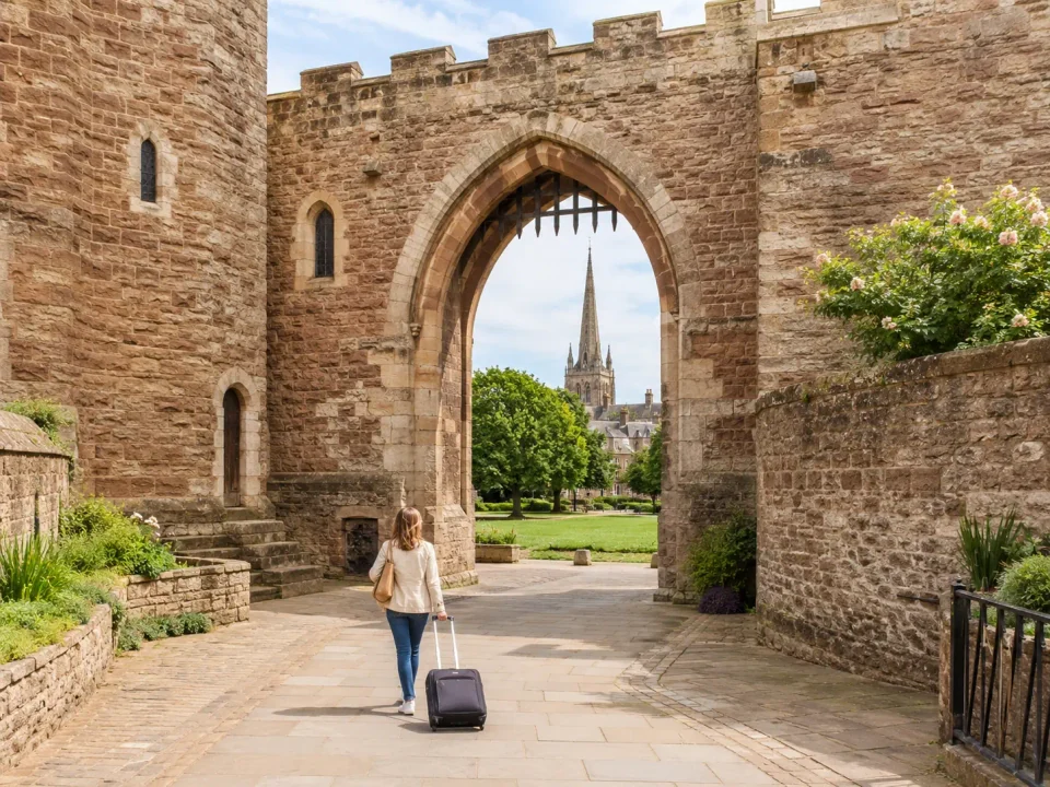 Woman traveller with a suitcase walking through the historic castle gate in Taunton