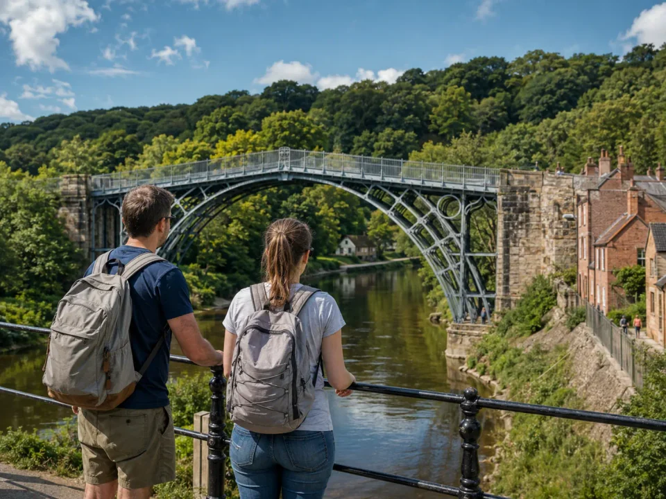 Visitors with backpacks overlooking the Iron Bridge near Telford