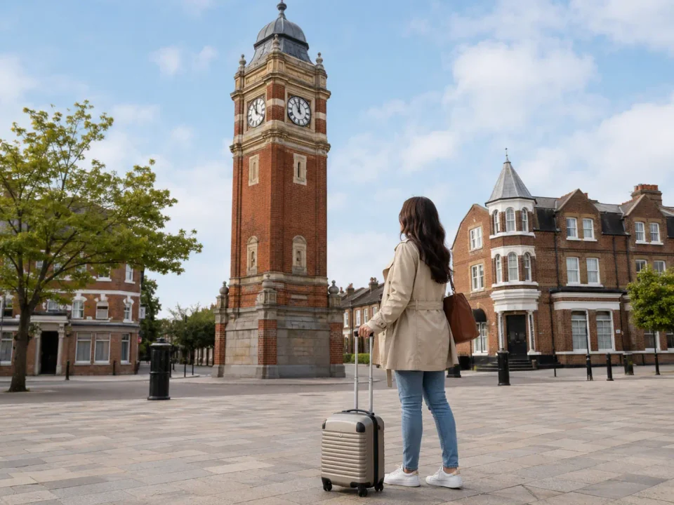 Woman traveller with a suitcase beside the clock tower in Thornton Heath