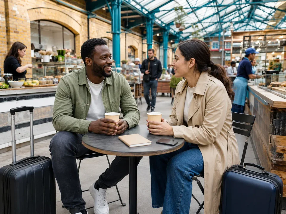 Friends with luggage having coffee in a covered market in Tooting