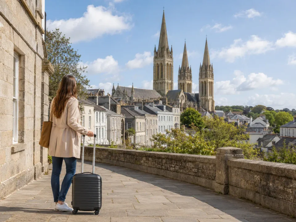Woman traveller with a suitcase overlooking the three spires of Truro Cathedral