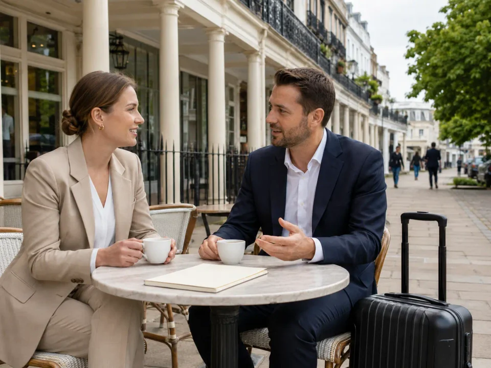 Business travellers having coffee beneath the colonnade at the Pantiles in Tunbridge Wells