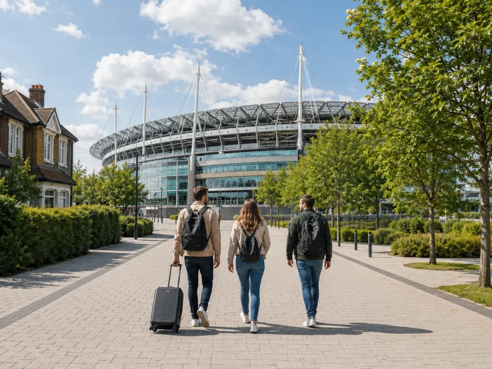 Visitors with luggage walking towards the rugby stadium in Twickenham