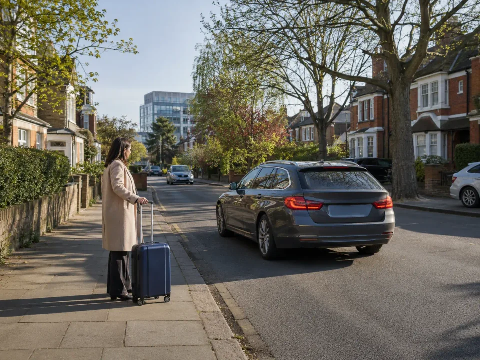 Airport transfer vehicle stopped at the kerb on an Uxbridge residential street