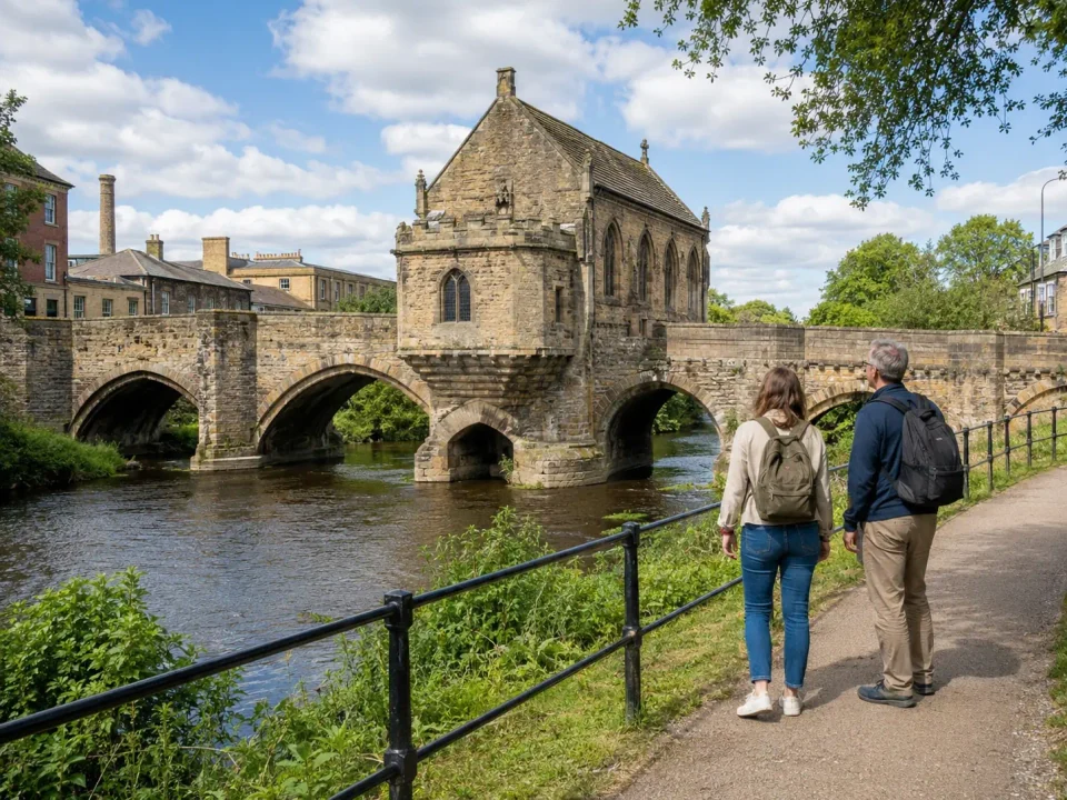 Visitors beside the River Calder overlooking the Chantry Chapel bridge in Wakefield