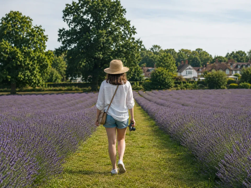 Day traveller walking through a lavender field near Wallington