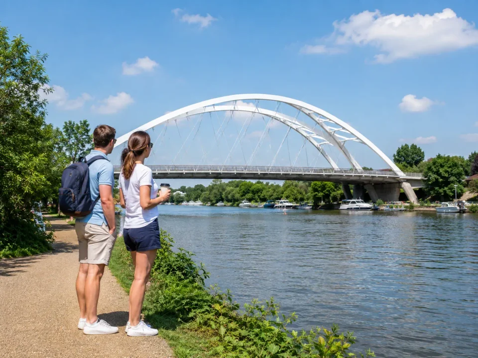 Couple overlooking the River Thames and white arch bridge at Walton-on-Thames