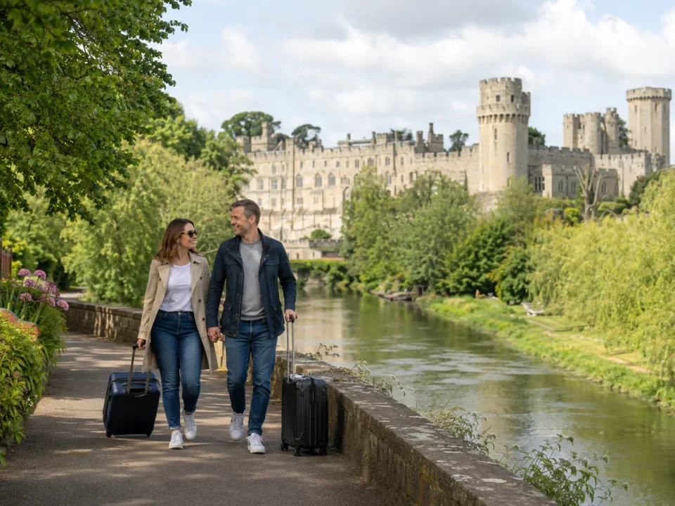 Travelling couple walking beside the River Avon with Warwick Castle beyond