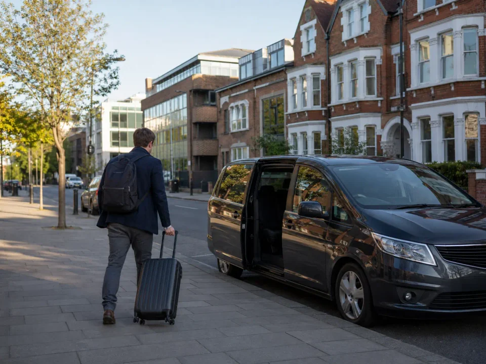 Airport transfer vehicle waiting at the kerb in Watford town centre