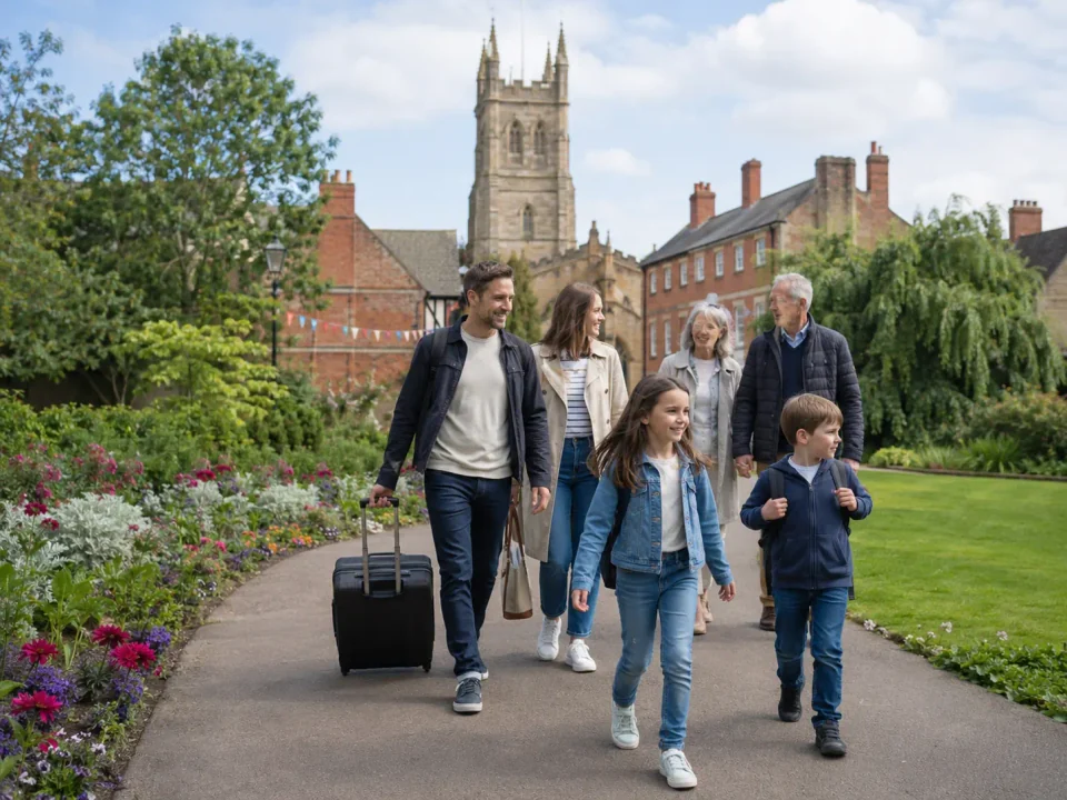 Family visitors walking through a garden near Wellingborough town centre