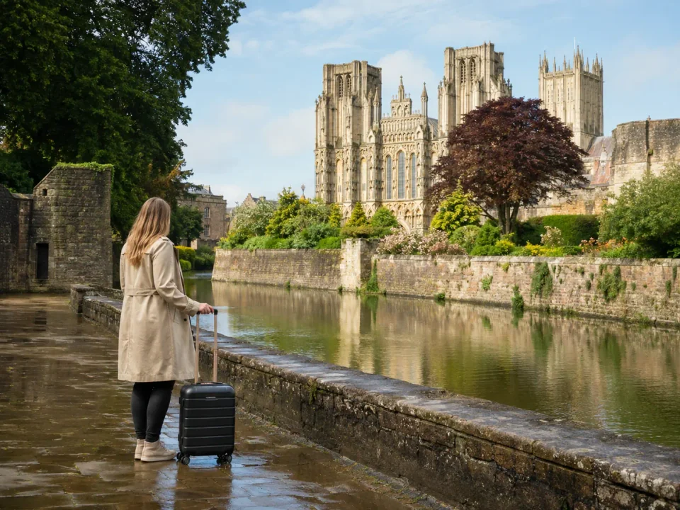 Woman traveller beside the Bishop's Palace moat overlooking Wells Cathedral