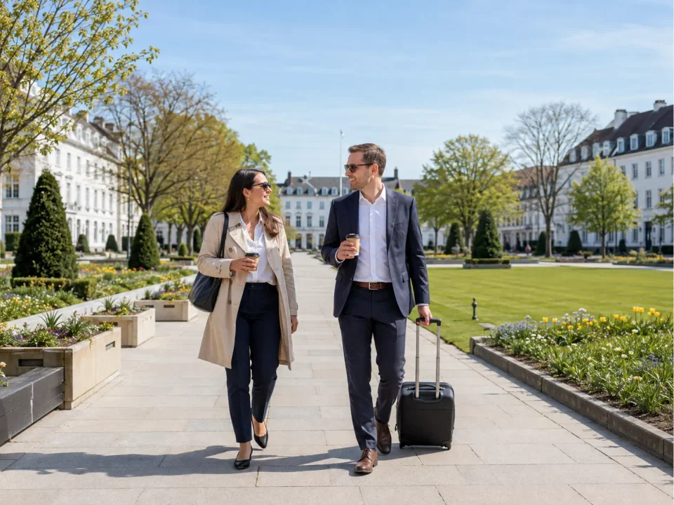 Business travellers walking through the formal gardens of Welwyn Garden City