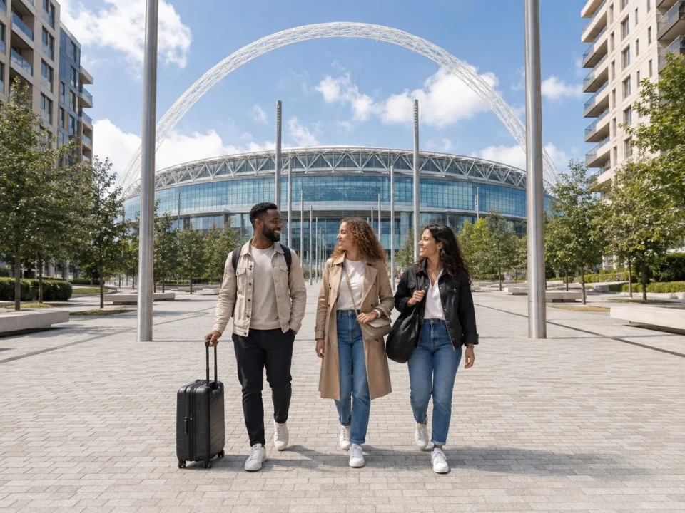 Visitors with luggage walking along Olympic Way towards Wembley Stadium