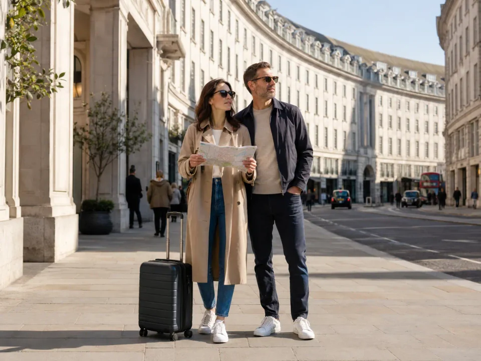 City-break travellers with luggage on a curved West End street