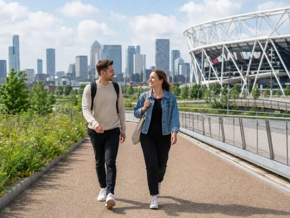 Travellers walking through Queen Elizabeth Olympic Park near West Ham