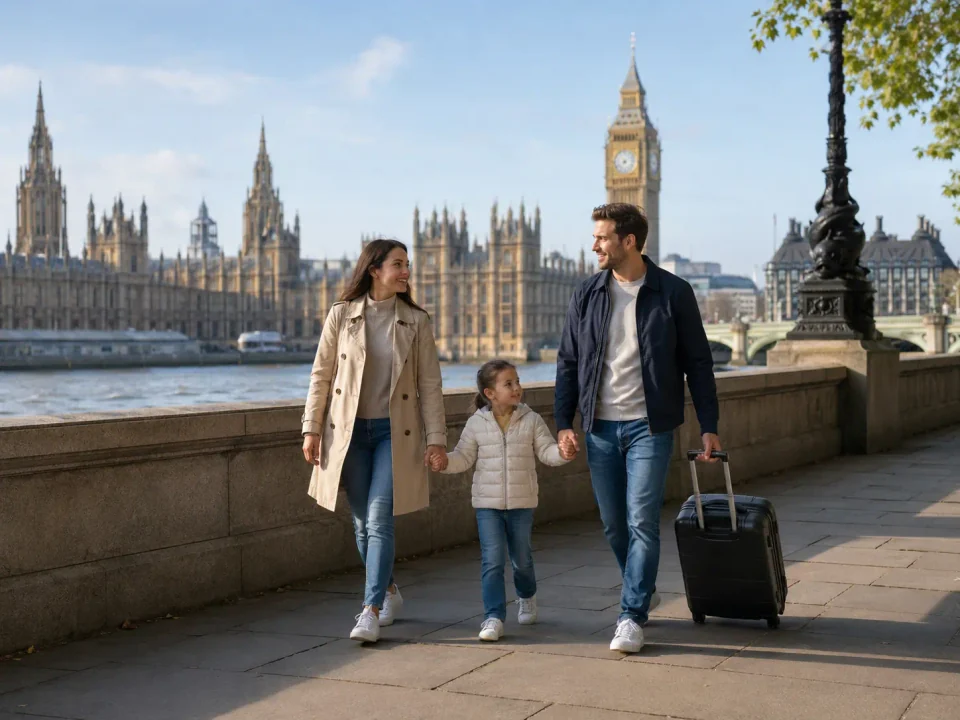 Family visitors walking beside the Thames with the Houses of Parliament beyond