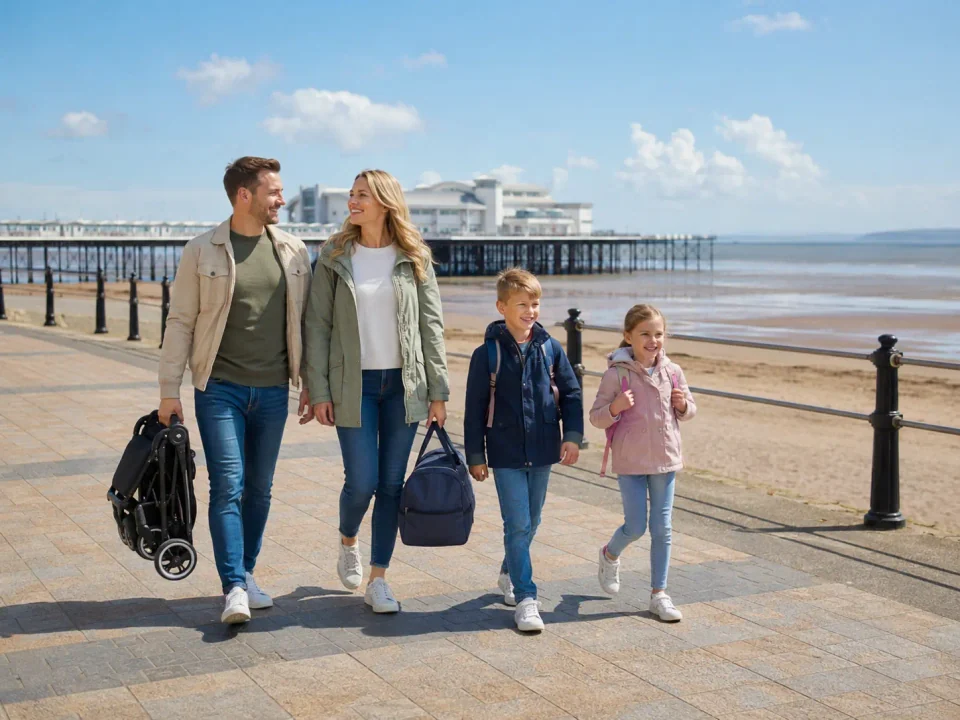 Family visitors walking along the Weston-super-Mare promenade beside the Grand Pier