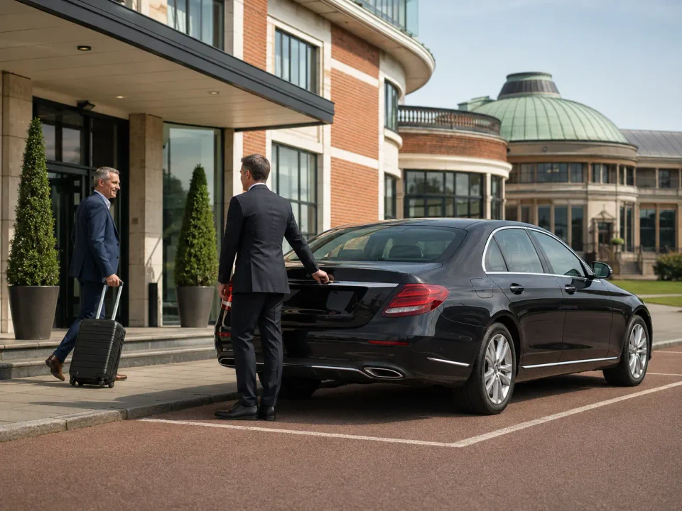 Chauffeur greeting a business traveller beside a premium saloon in Weybridge