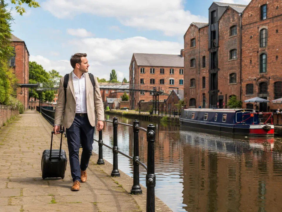 Business traveller with luggage walking beside the canal warehouses at Wigan Pier