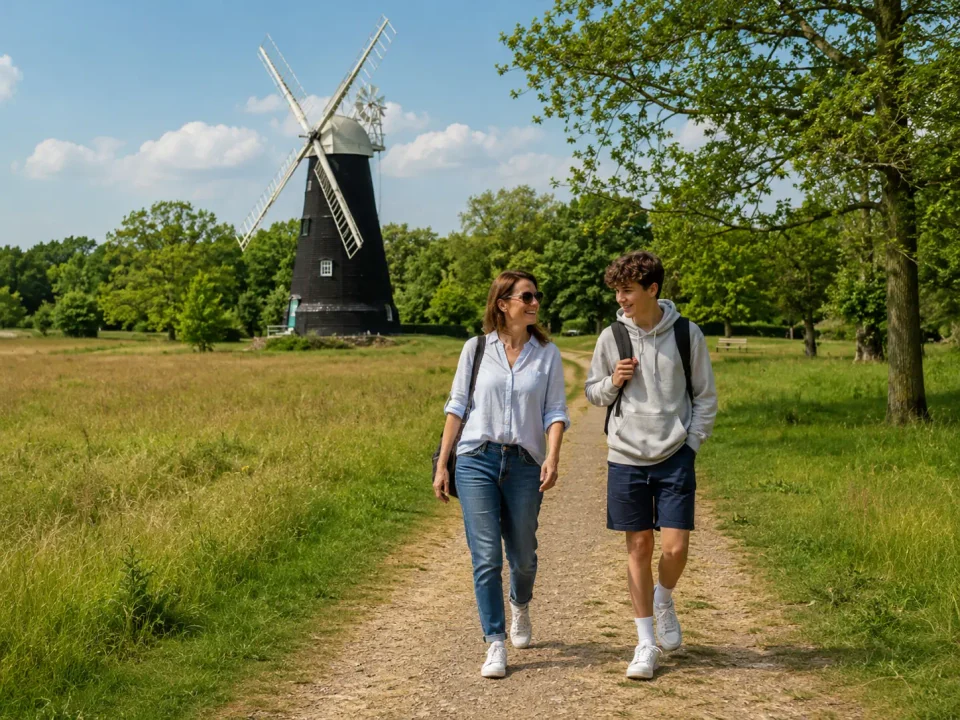Family visitors walking across Wimbledon Common beside the windmill