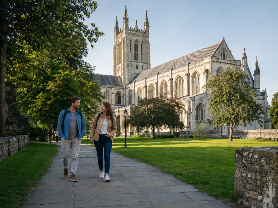 Visitors walking through the close beside Winchester Cathedral