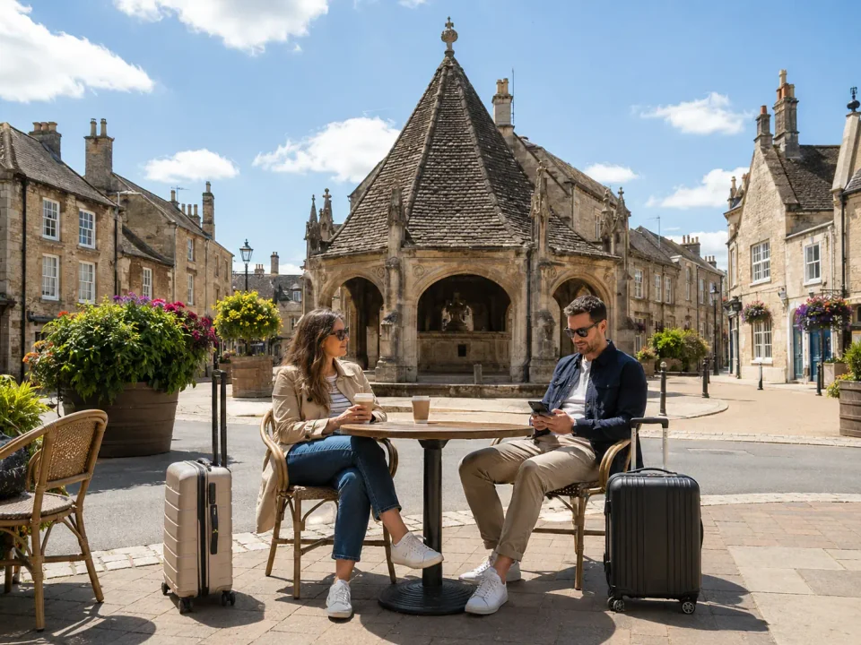 Travellers having coffee beside the Buttercross in Witney market square