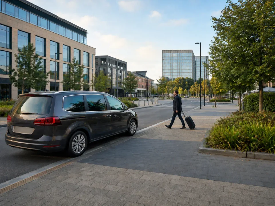 Airport transfer vehicle waiting at the kerb in Woking town centre
