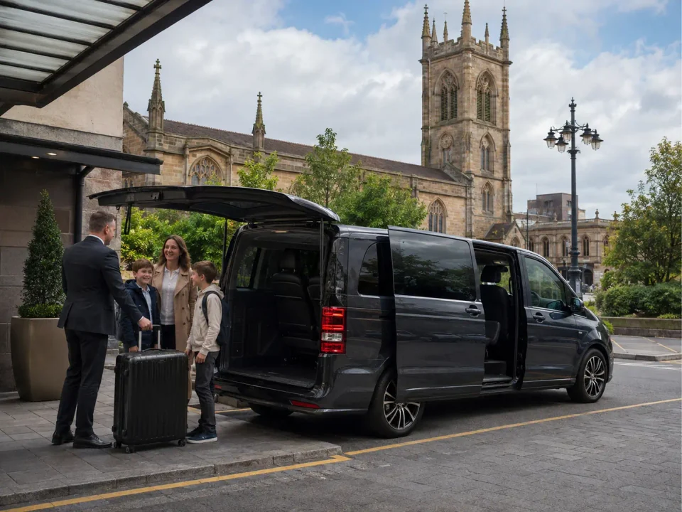 Chauffeur helping a family beside an executive van in Wolverhampton