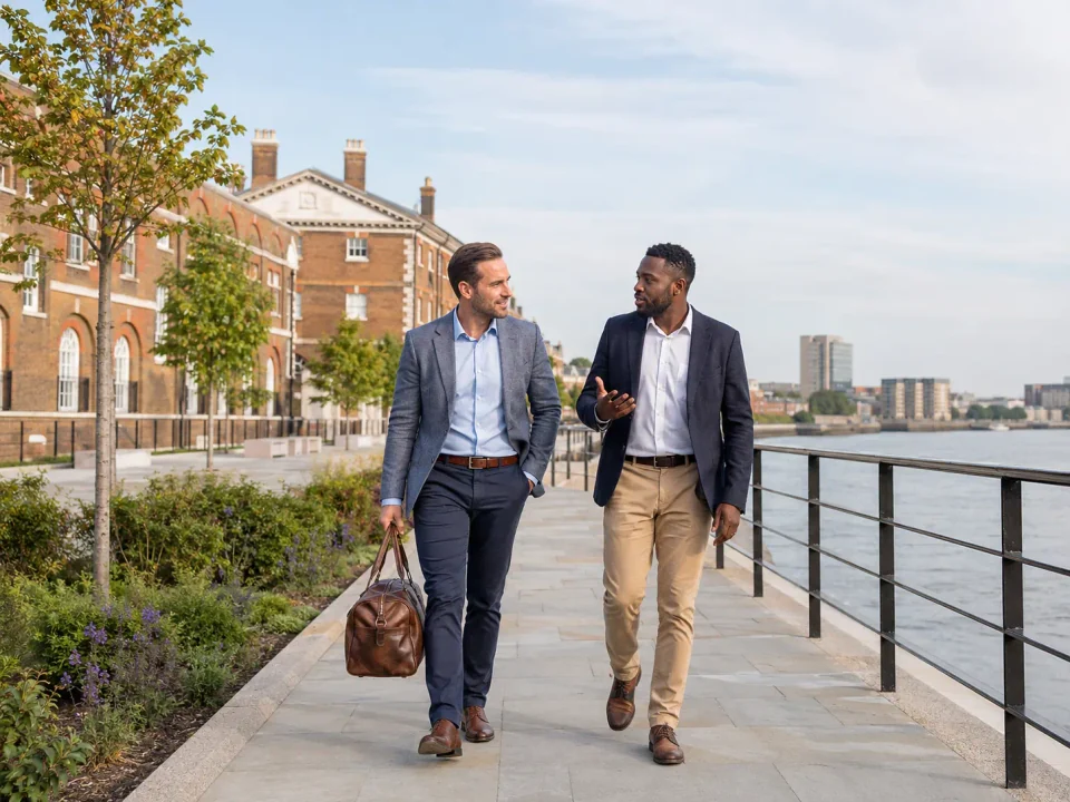 Business travellers walking along the Royal Arsenal riverside in Woolwich