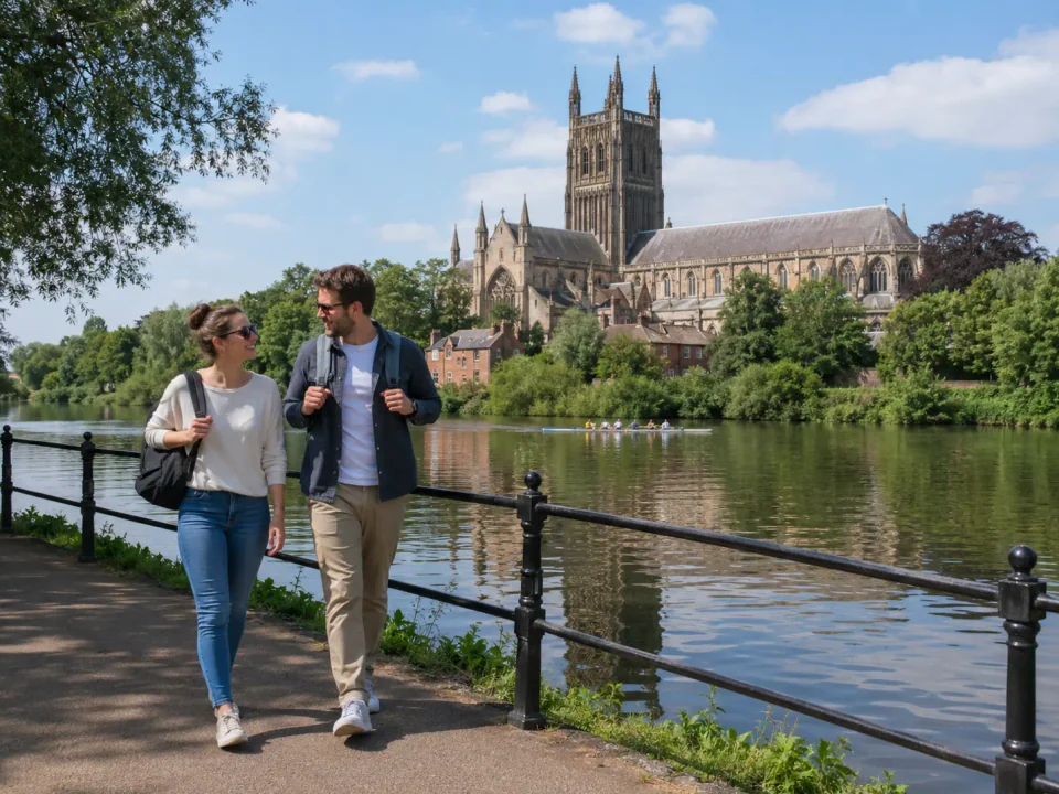Visitors walking beside the River Severn with Worcester Cathedral beyond