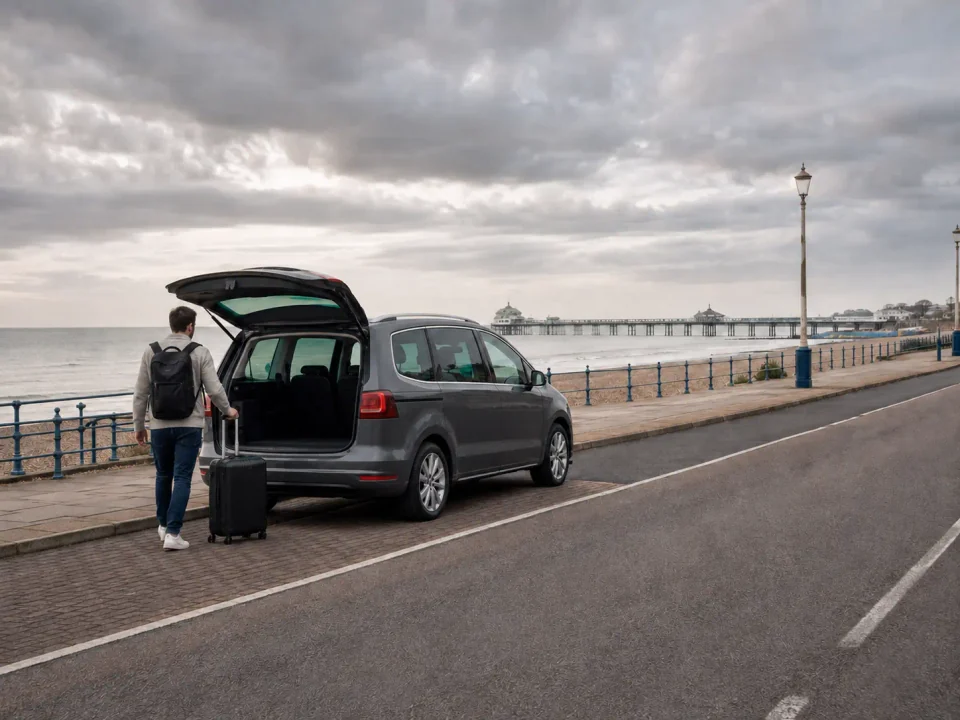 Airport transfer vehicle stopped at the kerb near Worthing seafront